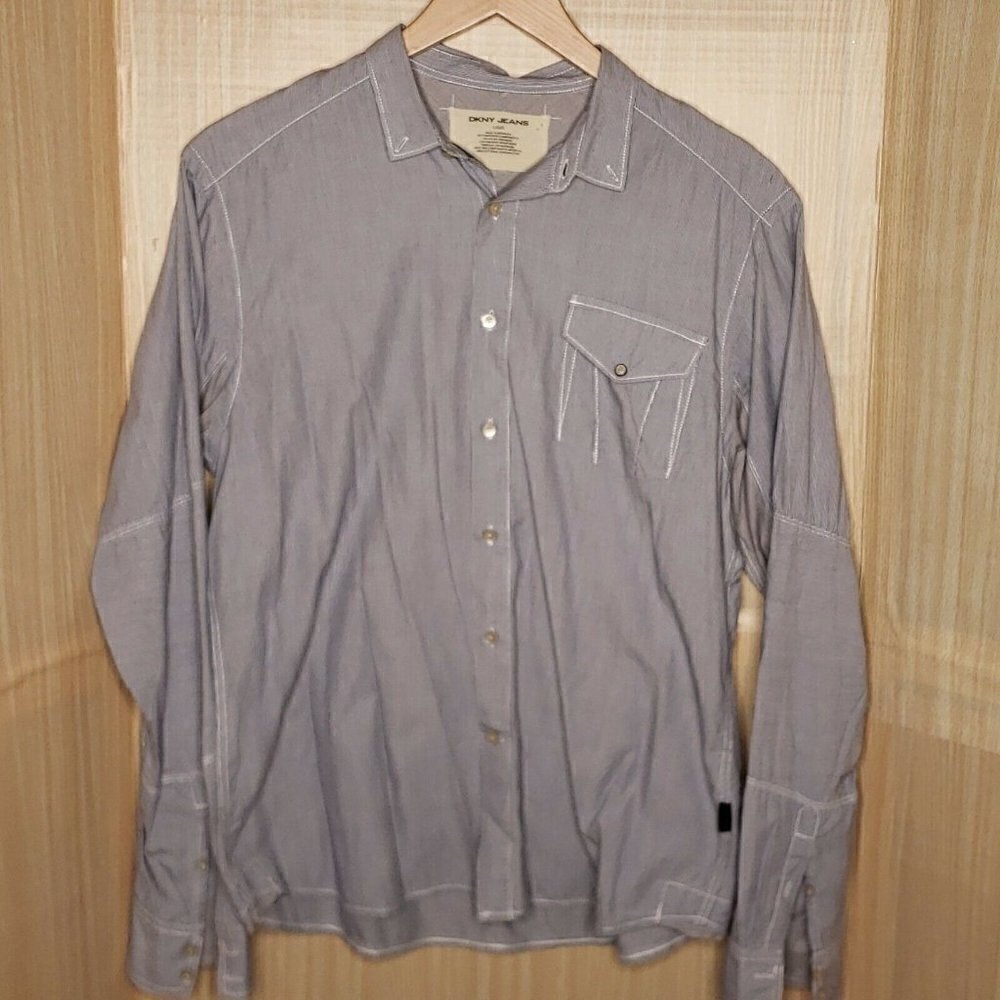 DKNY Mens Pinstripe Long Sleeve Button Down Large